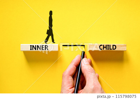Inner child symbol. Concept words Inner child on beautiful wooden block. Beautiful yellow table yellow background. Psychologist hand. Psychological, motivational inner child concept. Copy space. 115798075