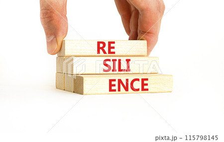 Resilience symbol. Concept word Resilience on beautiful wooden blocks. Businessman hand. Beautiful white background. Business resilience concept. Copy space. Resilience symbol. Concept word Resilience on beautiful wooden blocks. Businessman hand. Beautiful white background. Business resilience concept. Copy space. 115798145