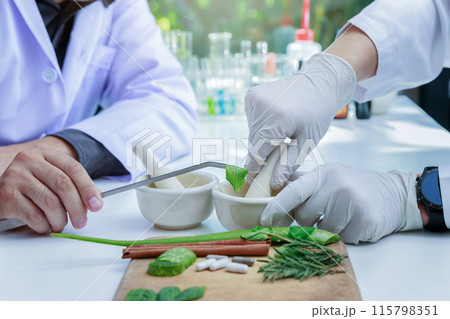 The scientist or doctor make herbal medicine from herb in the laboratory on the table. Herb medicine with herbal the organic natural in the laboratory. The scientist or doctor make herbal medicine from herb in the laboratory on the table. Herb medicine with herbal the organic natural in the laboratory. 115798351
