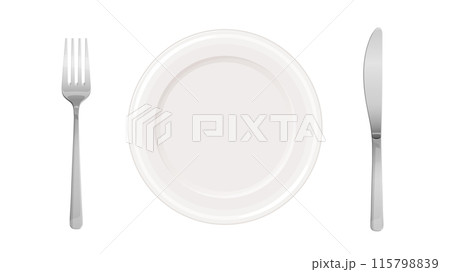 真上から見た皿とフォークとナイフのイラスト_透過 115798839