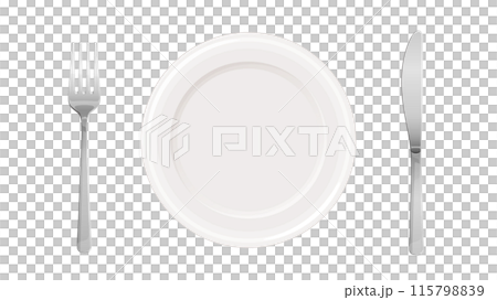 真上から見た皿とフォークとナイフのイラスト_透過 115798839