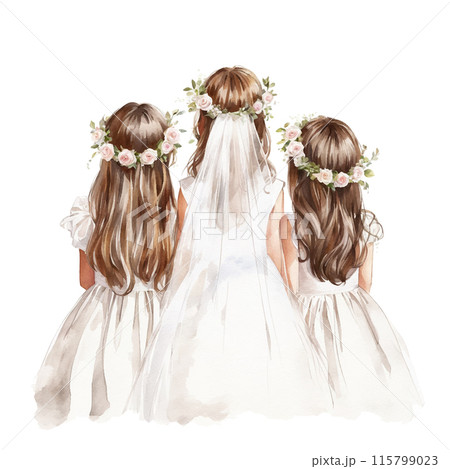 Three little girls in white gown and veil. First Communion watercolor illustration Three little girls in white gown and veil. First Communion watercolor illustration 115799023