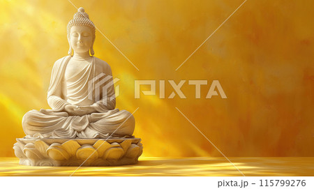 Buddha statue in a blue room with copy space for text 115799276