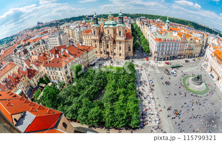 Fisheye view from above of people walking in a Old Town Square in Prague, Czech Republic 115799321