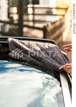 Efficiently cleaning an electric car in the comfort of a suburban driveway, combining eco-consciousness with practicality. Efficiently cleaning an electric car in the comfort of a suburban driveway, combining eco-consciousness with practicality. 115800190