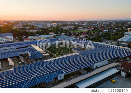 Aerial view of blue photovoltaic solar panels mounted on industrial building roof for producing green ecological electricity. Production of sustainable energy concept 115800549