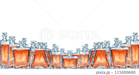 Seamless border of vintage glass bottles with brown liquid with a glass stopper. Watercolor illustration of liqueur, amaretto, perfume, aromatic oils for aromatherapy, alcohol, alchemy, drinks 115800680