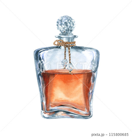 Craft vintage glass bottle with brown liquid with a glass stopper. Watercolor illustration of liqueur, amaretto, perfume, aromatic oils for aromatherapy, alcohol, alchemy, drinks, cooking Craft vintage glass bottle with brown liquid with a glass stopper. Watercolor illustration of liqueur, amaretto, perfume, aromatic oils for aromatherapy, alcohol, alchemy, drinks, cooking 115800685