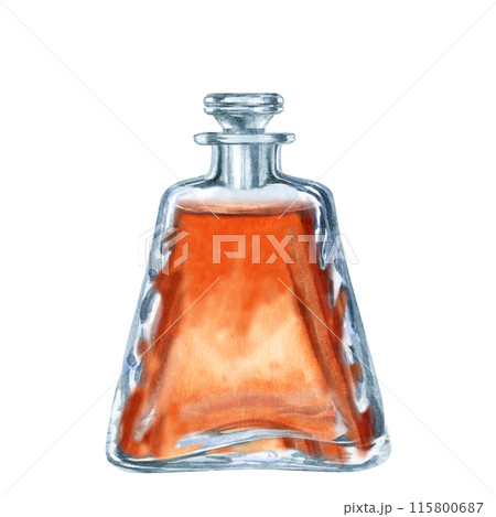 Craft vintage glass bottle with brown liquid with a glass stopper. Watercolor illustration of liqueur, amaretto, perfume, aromatic oils for aromatherapy, alcohol, alchemy, drinks, cooking Craft vintage glass bottle with brown liquid with a glass stopper. Watercolor illustration of liqueur, amaretto, perfume, aromatic oils for aromatherapy, alcohol, alchemy, drinks, cooking 115800687