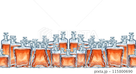 Seamless border of vintage glass bottles with brown liquid with a glass stopper. Watercolor illustration of liqueur, amaretto, perfume, aromatic oils for aromatherapy, alcohol, alchemy, drinks Seamless border of vintage glass bottles with brown liquid with a glass stopper. Watercolor illustration of liqueur, amaretto, perfume, aromatic oils for aromatherapy, alcohol, alchemy, drinks 115800690