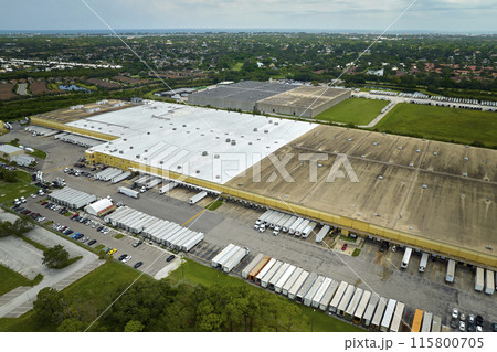 High angle view of big commercial shipping center with many freight trucks unloading and uploading goods for further distribution. Global economy concept 115800705