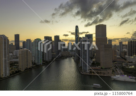 Evening urban landscape of downtown district of Miami Brickell in Florida, USA. Skyline with dark high skyscraper buildings in modern american megapolis 115800764