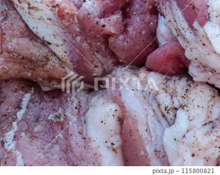 A close-up view of raw meat marinated with salt and spices 115800821
