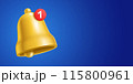 Yellow notification bell with one new message sign on blue background, vector 115800961