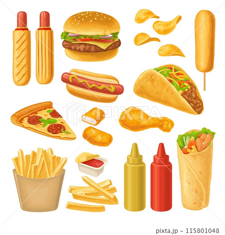 Set fast food icon. Vector color realistic illustration 115801048