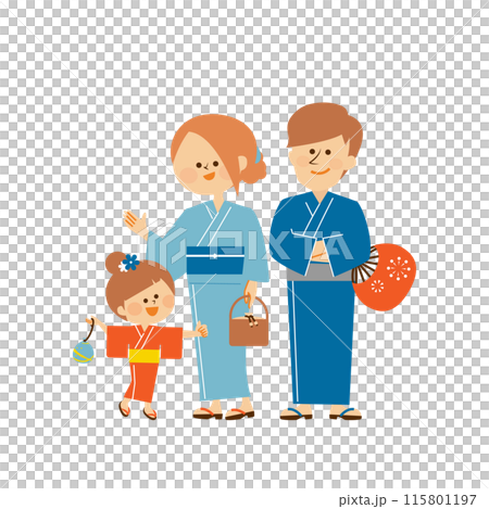 日本の夏祭り　盆踊り　浴衣を着て笑顔で立つ家族のイラスト 115801197