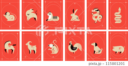 Chinese horoscope zodiac collection, geometric minimalist style. Animals symbols of Chinese New year 115801201
