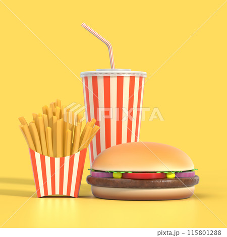 Hamburger, french fries and cola fast food meal Hamburger, french fries and cola fast food meal 115801288