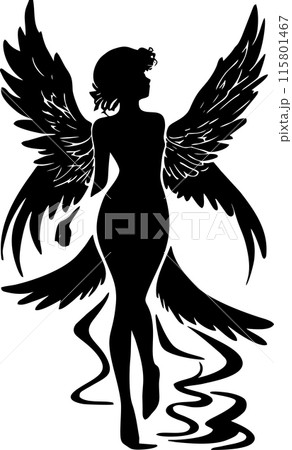 simple black graphic drawing of woman silhouette with wings, logo, tattoo simple black graphic drawing of woman silhouette with wings, logo, tattoo 115801467