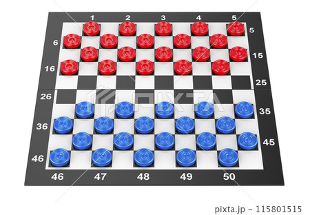 International checkers game board with blue and red pieces. 3D rendering International checkers game board with blue and red pieces. 3D rendering 115801515