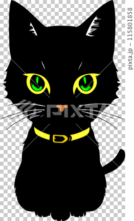 stylized drawing of a black cat with green eyes without background, isolated element, decor stylized drawing of a black cat with green eyes without background, isolated element, decor 115801858