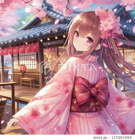 春の清水寺にある清水の舞台で観光を楽しむ可愛い芸者あるいは舞子の花の姿 115801984