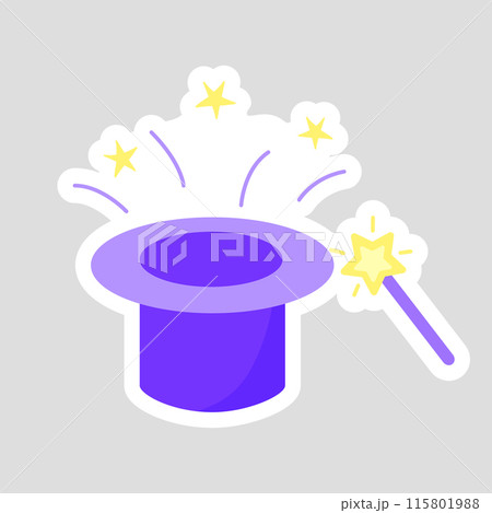 Sticker with wizard or magician hat and magic wand, cartoon style vector for kids Sticker with wizard or magician hat and magic wand, cartoon style vector for kids 115801988