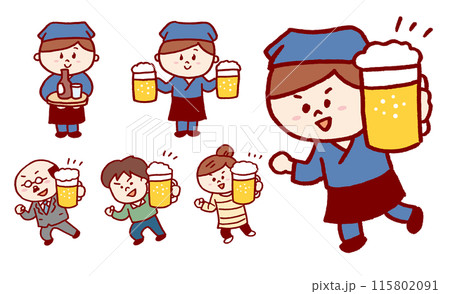 ビールジョッキで乾杯する居酒屋店員さんと客 115802091