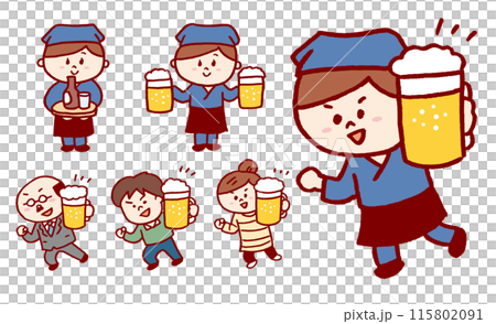 ビールジョッキで乾杯する居酒屋店員さんと客 115802091