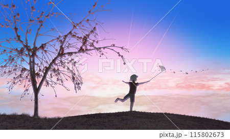 夕暮れ時に昆虫採集する少年 文字入れ用背景素材 夕暮れ時に昆虫採集する少年 文字入れ用背景素材 115802673