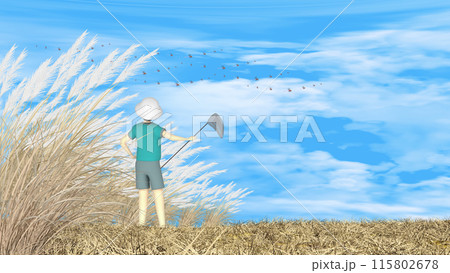ススキが群生する丘で昆虫採集する少年　文字入れ用背景素材 115802678