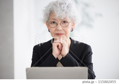 パソコンの考えるグレイヘアの真剣な表情の女性 115802855