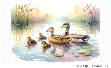 【絵画】ネイチャーアート　「カモの親子」原画 絵画】ネイチャーアート 「カモの親子」原画