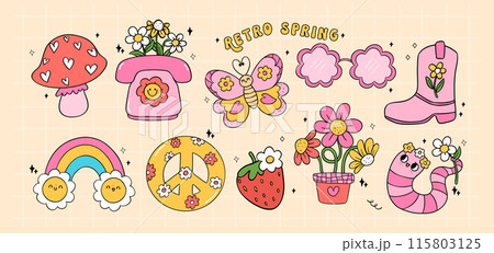 Retro groovy Spring flower power vintage 90s item with flower collection doodle line drawing Retro groovy Spring flower power vintage 90s item with flower collection doodle line drawing 115803125