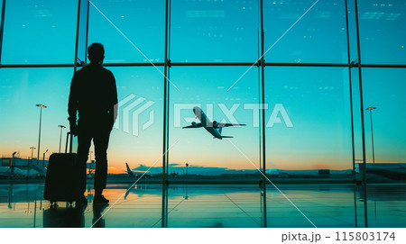 出発する飛行機を見つめる旅行者、ビジネス出張のイメージのイラスト素材 [115803174] - PIXTA