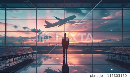 出発する飛行機を見つめる旅行者、ビジネス出張のイメージ 出発する飛行機を見つめる旅行者、ビジネス出張のイメージ 115803180