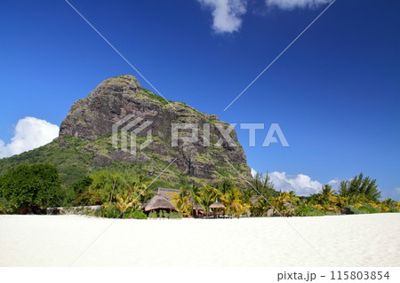 「インド洋の貴婦人」島国モーリシャス　リゾート地ブラバン半島のビーチから世界遺産ルモーン山の景色 115803854