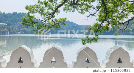 Tranquil Kandy Lake Framed by Greenery and Traditional Architecture 115803985