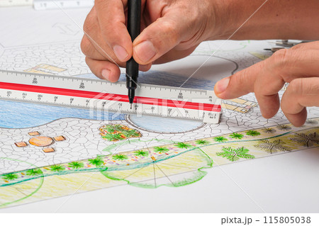 Landscape architect student learning garden plan design by hand drawing. 115805038