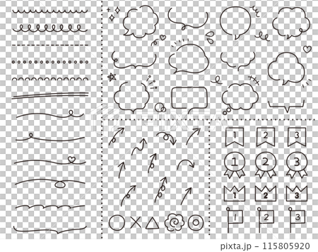 Vector illustration set of decorative illustrations such as speech bubbles, frames, arrows, ranking icons 115805920