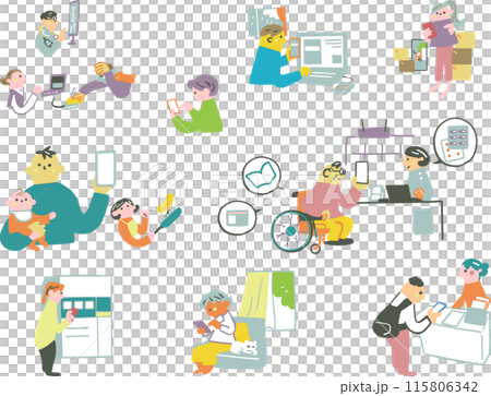 People using digitized My Number cards to access various services Set stock image 115806342