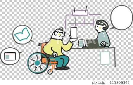 一名藥劑師和一名坐在輪椅上的男子使用智慧型手機在配藥藥房管理藥品的庫存材料 115806345