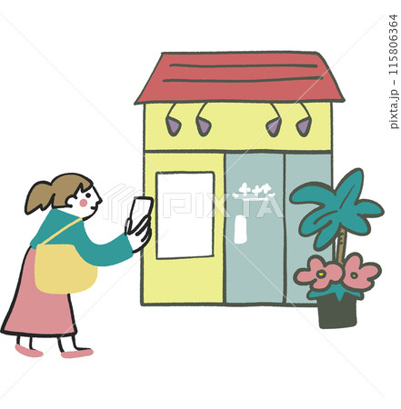 お店とスマホを持つ若い女性　ストック素材 115806364