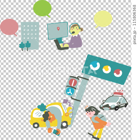Traffic accident scene and responding operator - set of illustrations 115806368