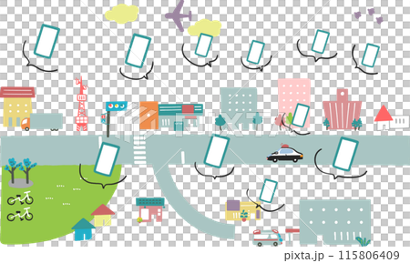 スマホと情報と都市、または地方都市　ストックイラスト素材 115806409