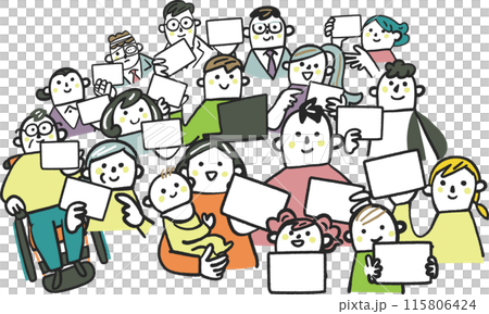 手裡拿著我的號碼卡或卡片的各種人 庫存插圖材料 115806424