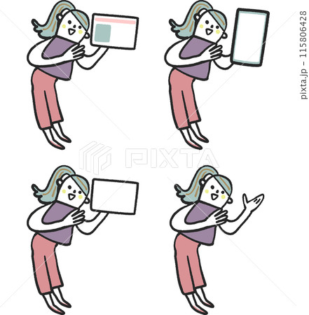 スマホ、マイナンバーカード、カードまたは手を掲げている若い女性　セットのストックイラスト素材 115806428