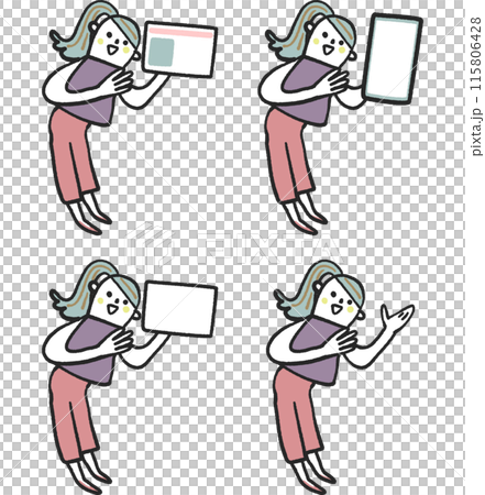 一名年輕女子舉起智慧型手機、我的號碼卡、卡片或手的庫存插圖素材。 115806428