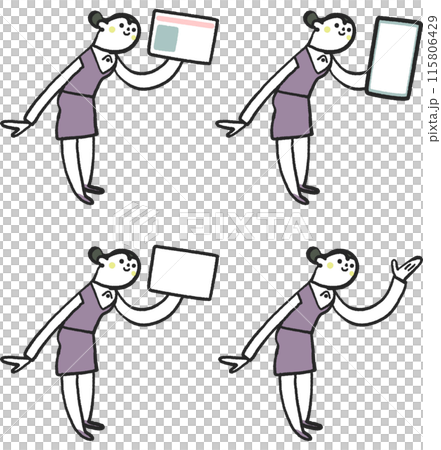 一位戴著智慧型手機、我的號碼卡、卡片或製服舉起手的女性的庫存插圖素材集 115806429