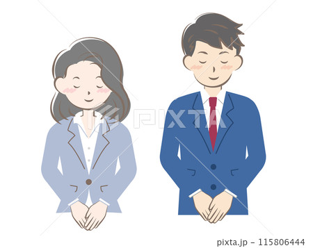 お辞儀をするスーツ姿の男女　上半身 115806444
